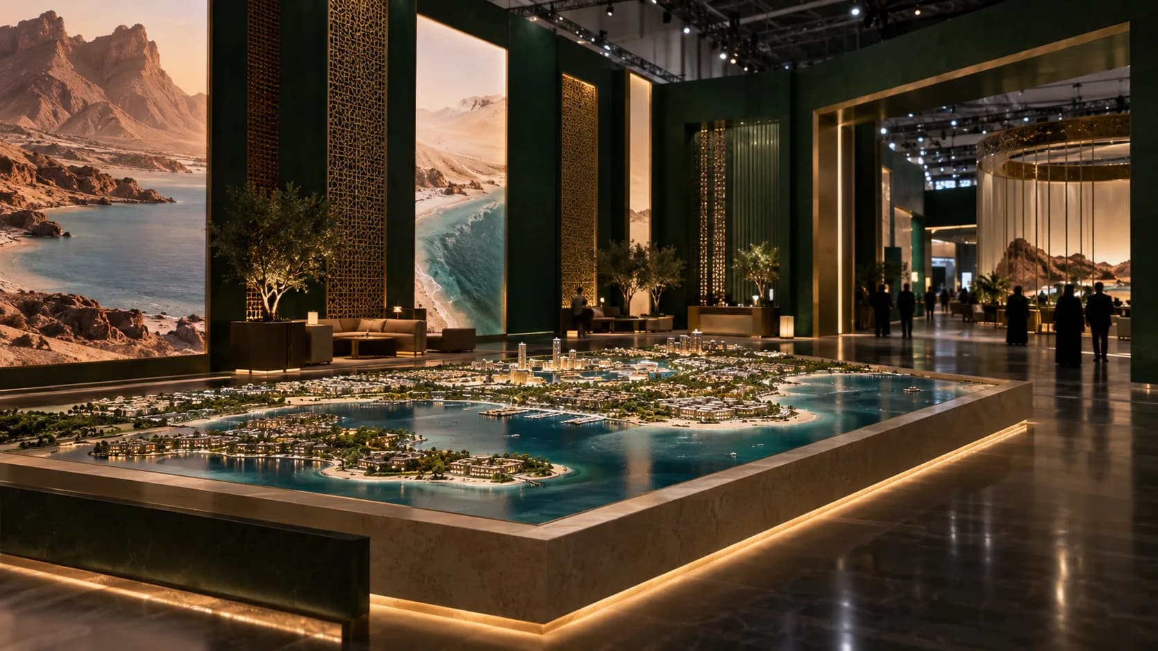 A rendering of a Saudi pavilion inside an international exhibition hall